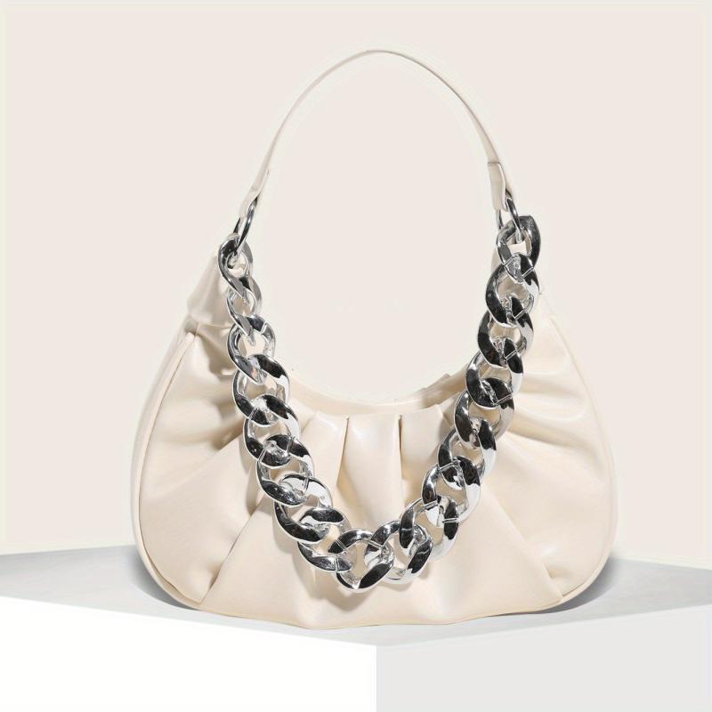 Cloud Ruched Handbag Chain Shoulder Bag Pu Leather Crescent Bag