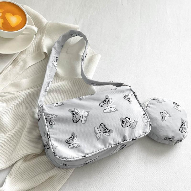 Butterfly Print Shoulder Bag Animal Pattern Underarm Bag Nylon Zipper