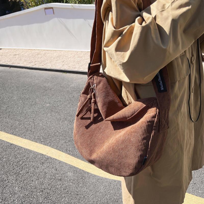 Large Capacity Corduroy Crossbody Bag for School Shopping Travel