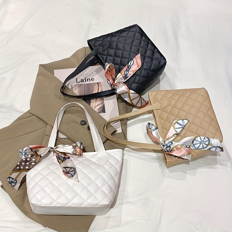 Quilted Tote Bag Scarf Decor Shoulder Bag Women's Casual Handbag & Purse