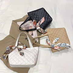 Quilted Tote Bag Scarf Decor Shoulder Bag Women's Casual Handbag & Purse