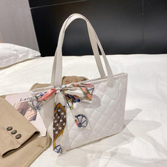 Quilted Tote Bag Scarf Decor Shoulder Bag Women's Casual Handbag & Purse