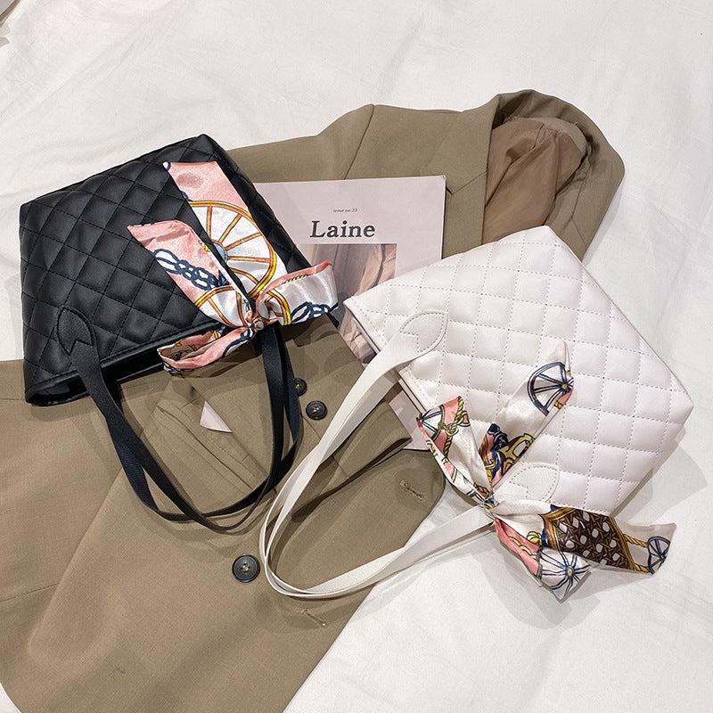 Quilted Tote Bag Scarf Decor Shoulder Bag Women's Casual Handbag & Purse