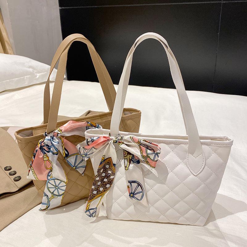 Quilted Tote Bag Scarf Decor Shoulder Bag Women's Casual Handbag & Purse