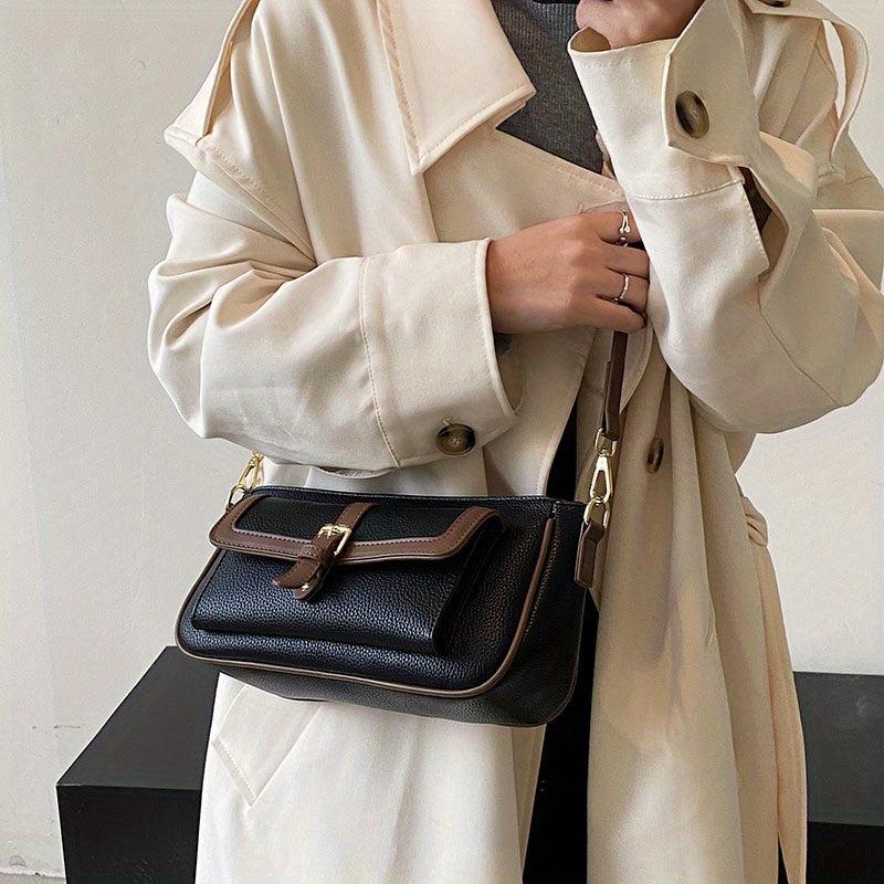 Vintage Square Crossbody Bag Pocket Front Shoulder Bag PU Leather Purse
