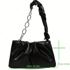 Ruched Shoulder Bag Solid PU Leather Handbag Metal Chain