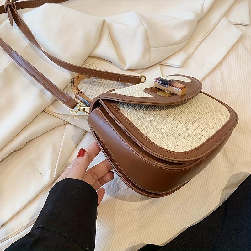 Straw Handbag Wooden Turn Lock Shoulder Bag Crossbody Bag