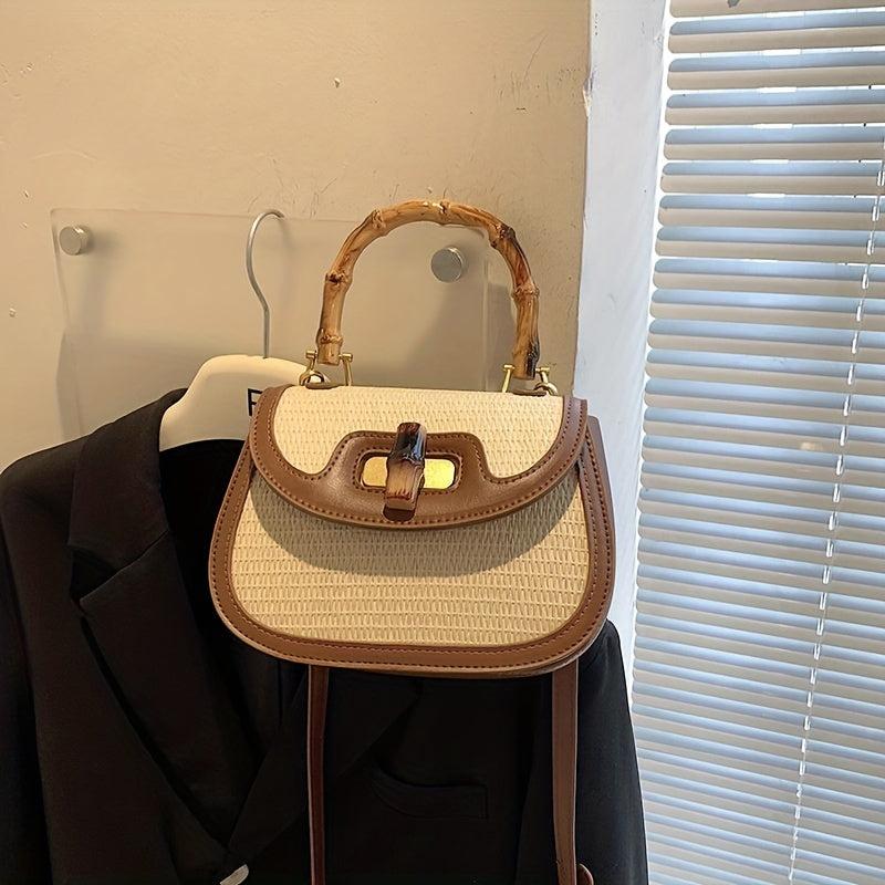 Straw Handbag Wooden Turn Lock Shoulder Bag Crossbody Bag