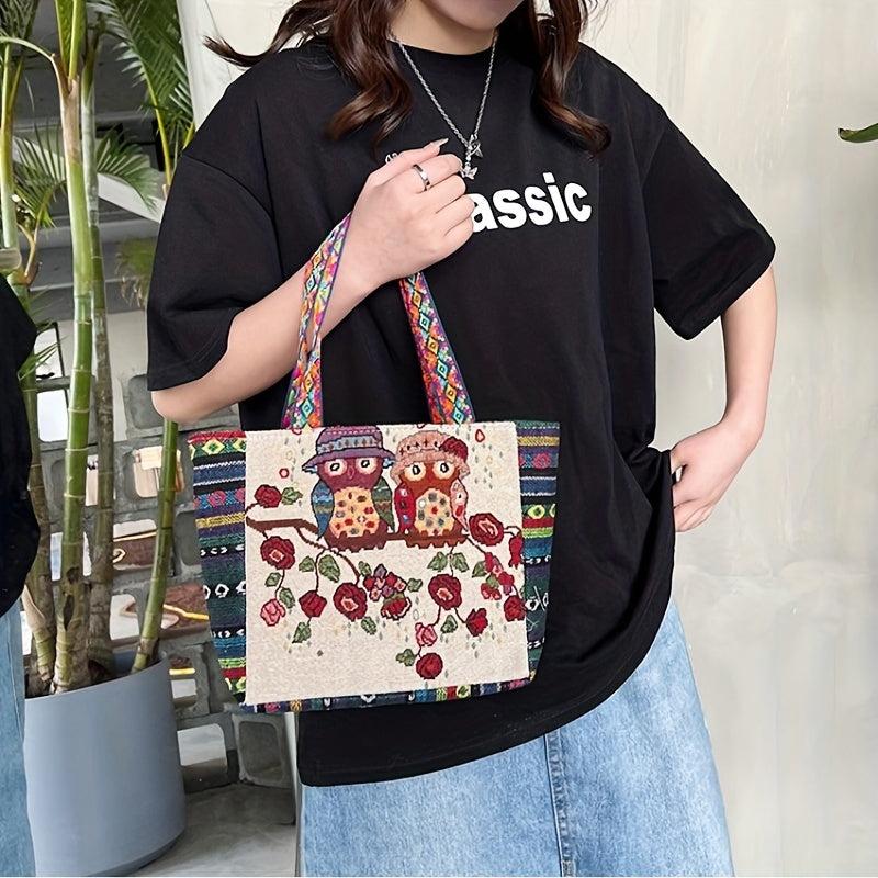 Animal Embroidered Casual Tote Bag Tribal Style Portable Shoulder Bag