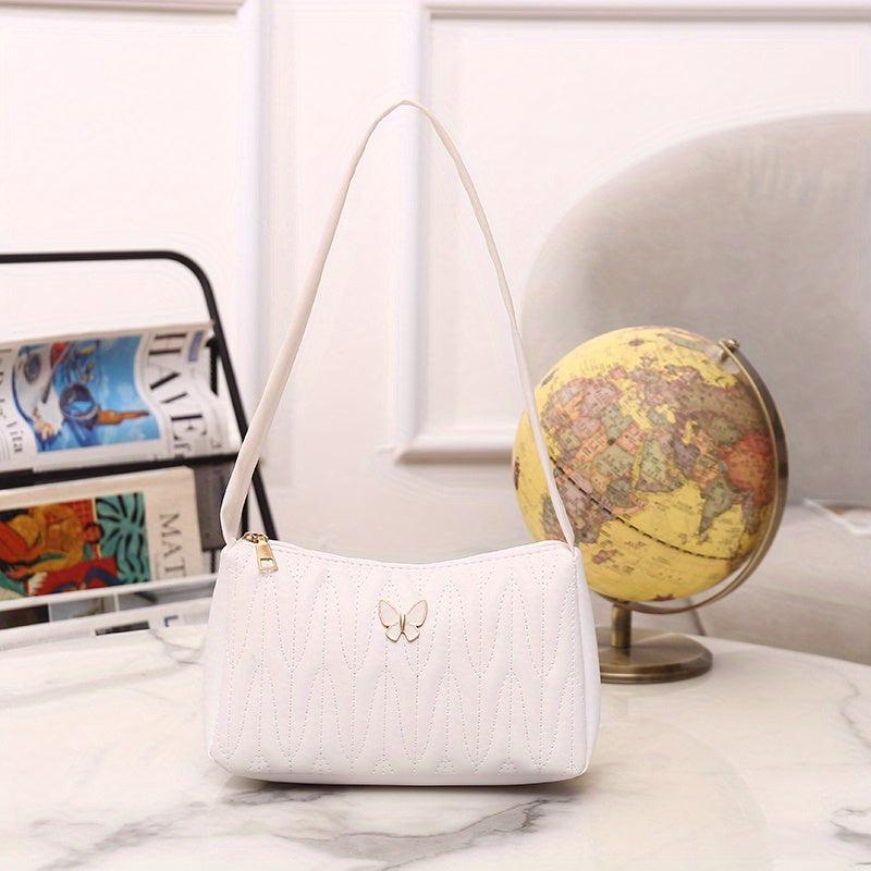 Quilted Shoulder Bag Butterfly Decor Handbag Women's PU Leather Underarm Purse