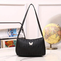 Quilted Shoulder Bag Butterfly Decor Handbag Women's PU Leather Underarm Purse