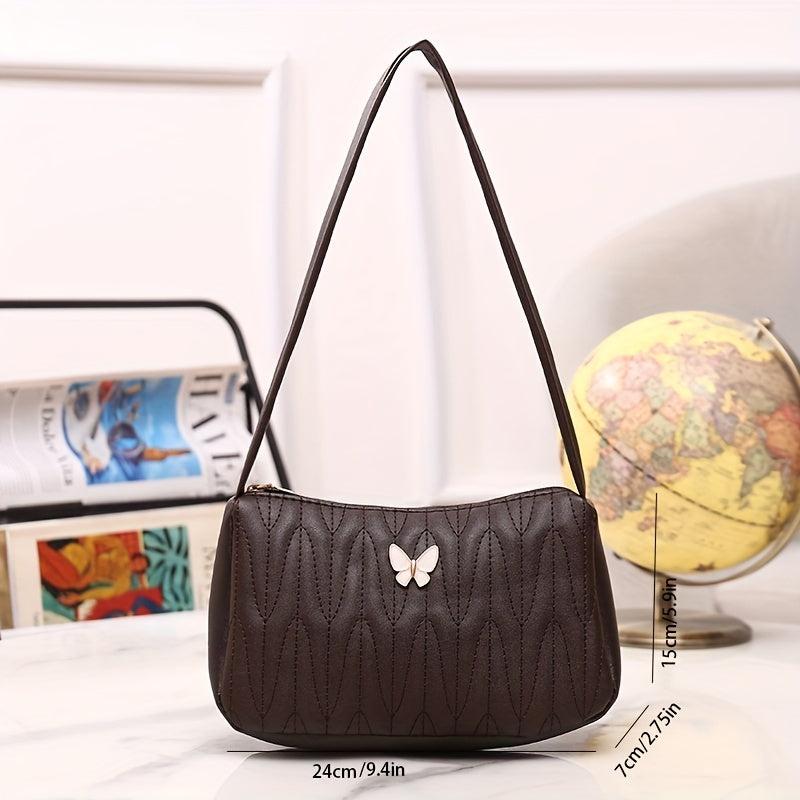 Quilted Shoulder Bag Butterfly Decor Handbag Women's PU Leather Underarm Purse
