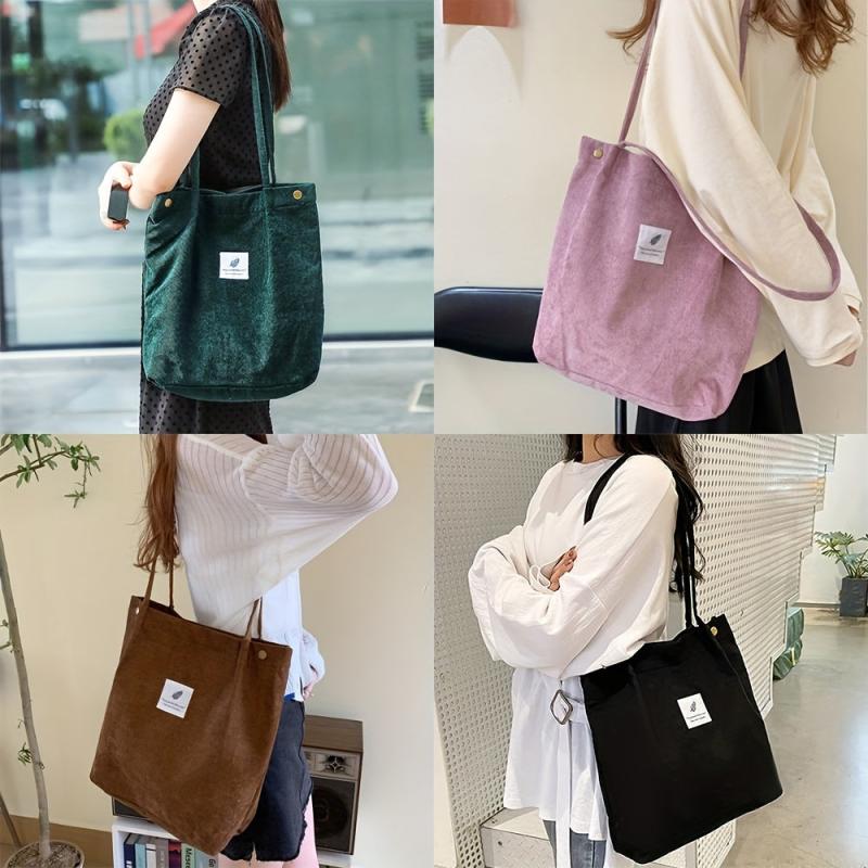 Corduroy Shoulder Bag Women's Retro Style Handbag Literary Shopping Bag
