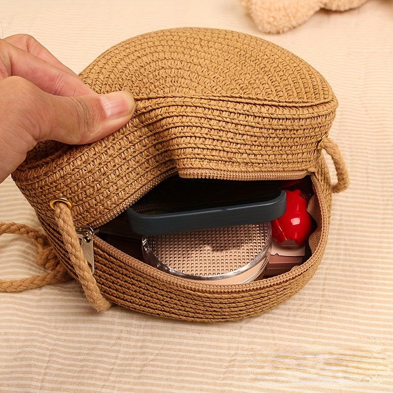 Straw Woven Round Crossbody Bag Beach Handbag Vacation Purse