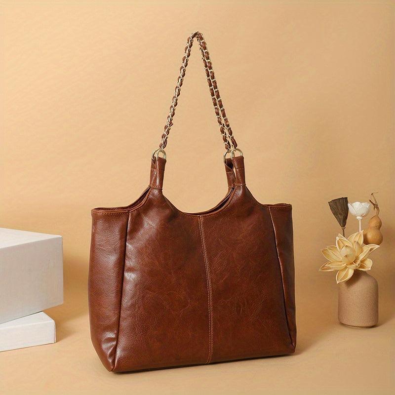 Vintage Chain Shoulder Bag Large Capacity Tote Bag Women's PU Leather Handbag