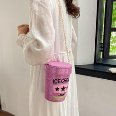 Glitter Sequins Cylinder Bucket Bag Mini Chain Crossbody Bag For Women