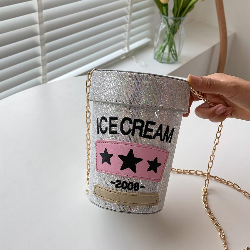 Glitter Sequins Cylinder Bucket Bag Mini Chain Crossbody Bag For Women