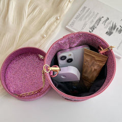 Glitter Sequins Cylinder Bucket Bag Mini Chain Crossbody Bag For Women