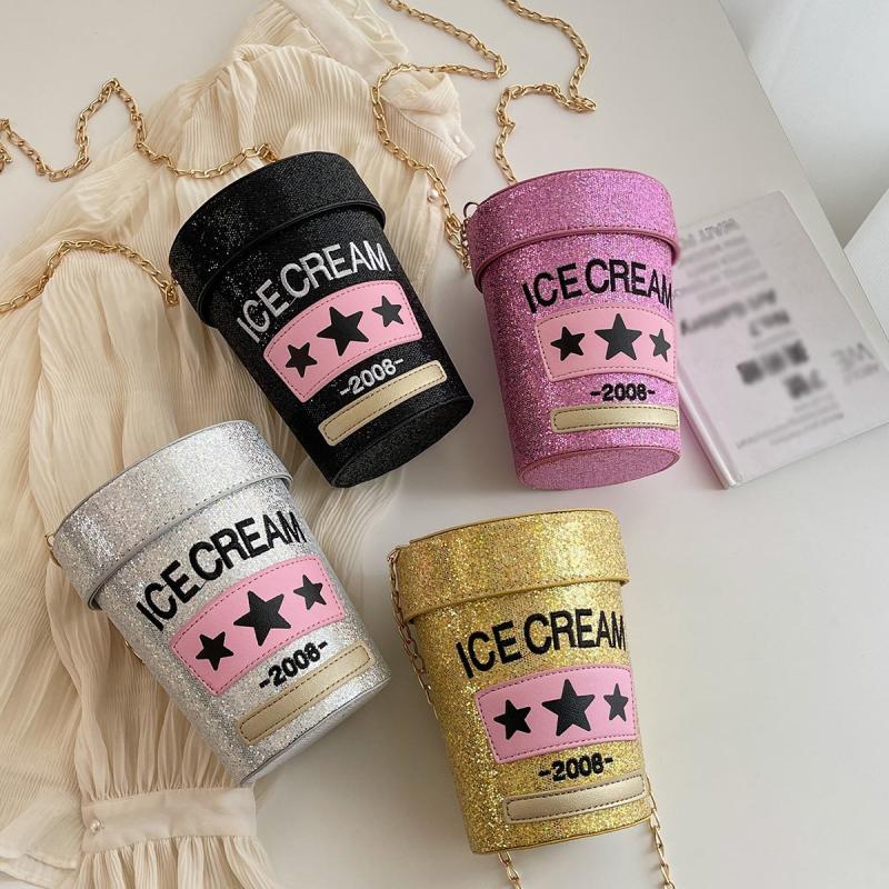 Glitter Sequins Cylinder Bucket Bag Mini Chain Crossbody Bag For Women
