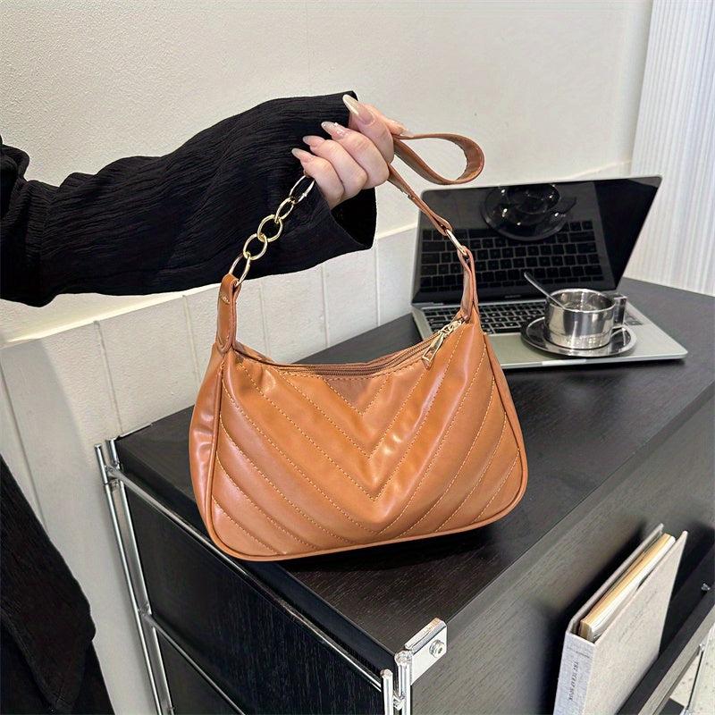 Quilted Shoulder Bag Chevron Chain Purse Underarm Handbag Minimalist
