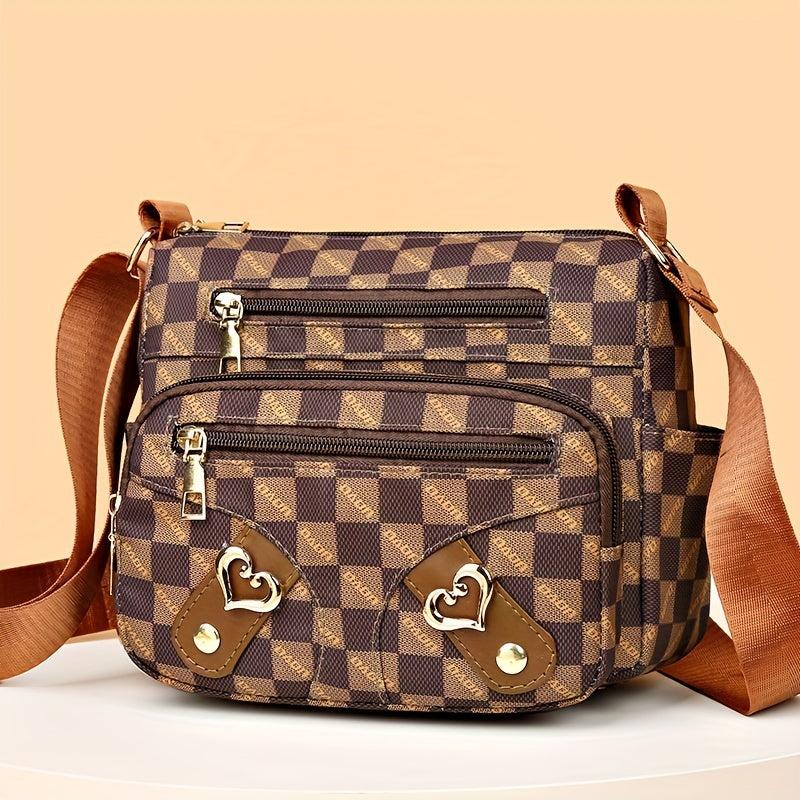 Plaid Pattern Crossbody Bag Women's Pockets Purse Heart Decor