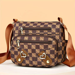 Plaid Pattern Crossbody Bag Women's Pockets Purse Heart Decor
