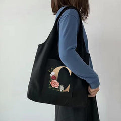 Flower Letter Canvas Tote Bag for Women