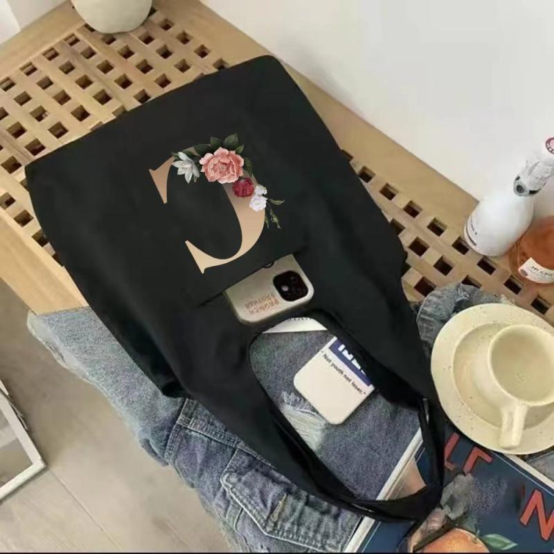 Flower Letter Canvas Tote Bag for Women