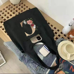 Flower Letter Canvas Tote Bag for Women