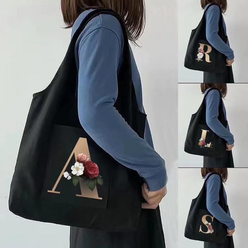 Flower Letter Canvas Tote Bag for Women