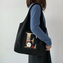 Flower Letter Canvas Tote Bag for Women