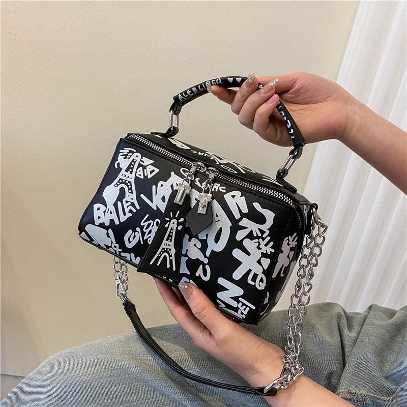 Graffiti Print Handbag Chain Crossbody Bag Square Shoulder Purse