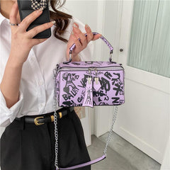 Graffiti Print Handbag Chain Crossbody Bag Square Shoulder Purse