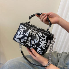 Graffiti Print Handbag Chain Crossbody Bag Square Shoulder Purse