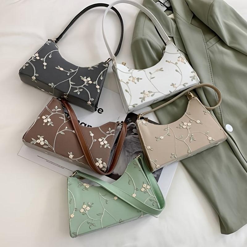 Floral Embroidery Baguette Bag Zipper Shoulder Bag