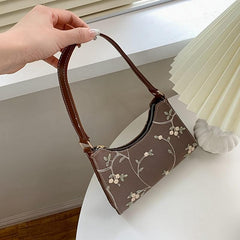 Floral Embroidery Baguette Bag Zipper Shoulder Bag