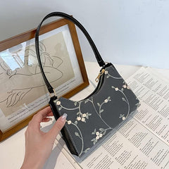 Floral Embroidery Baguette Bag Zipper Shoulder Bag
