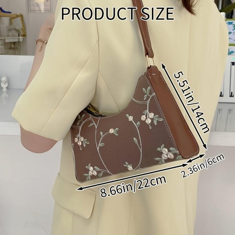 Floral Embroidery Baguette Bag Zipper Shoulder Bag