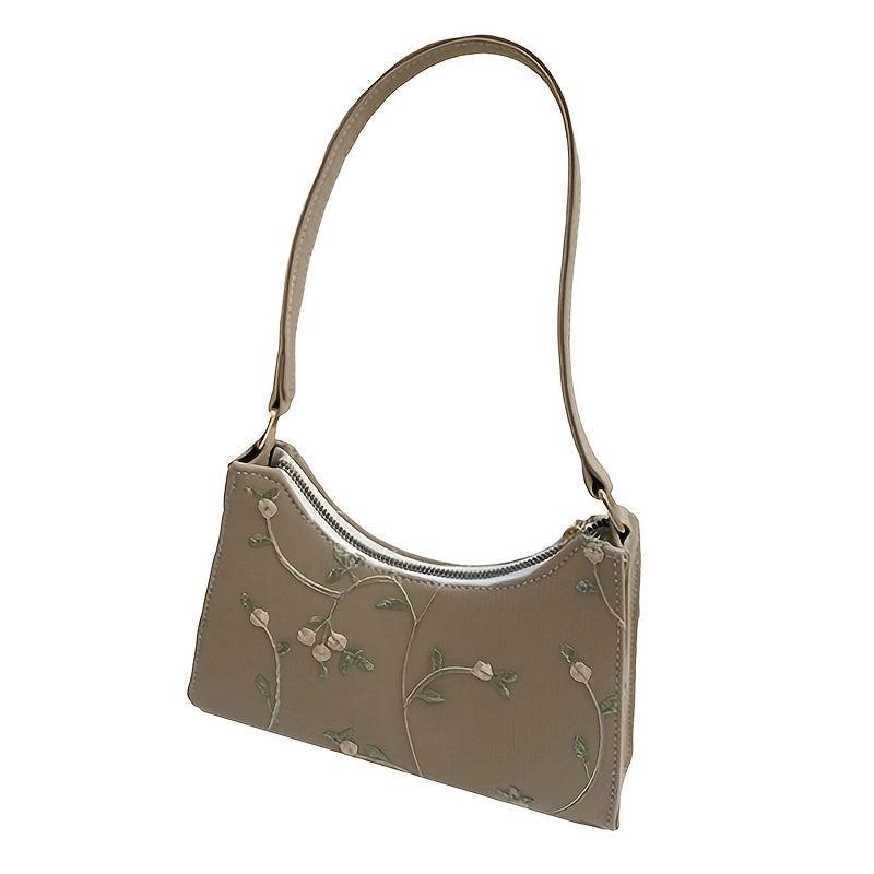 Floral Embroidery Baguette Bag Zipper Shoulder Bag