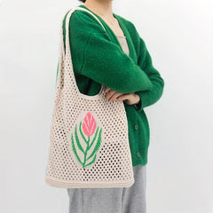 Tulip Pattern Crochet Bag Lightweight Woven Shoulderbag