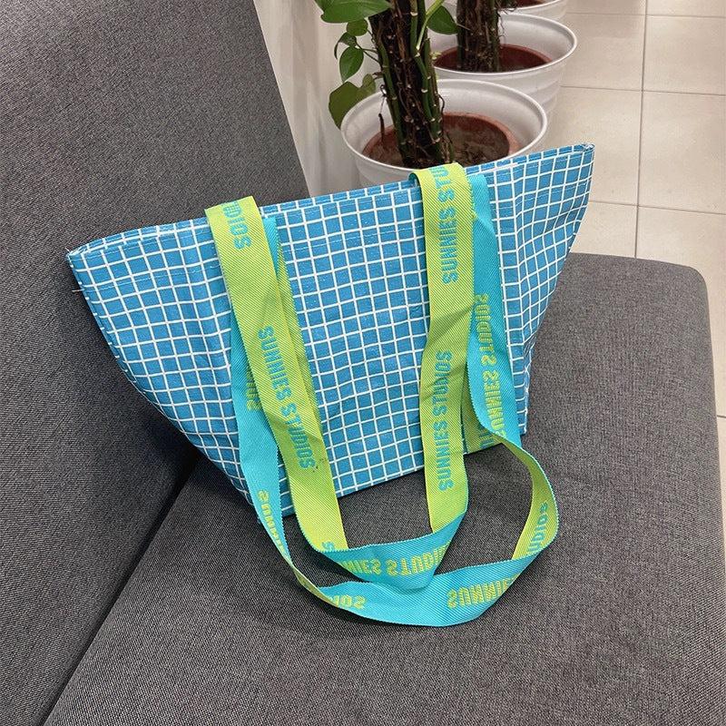 Letter & Plaid Shoulder Bag Colorblock Shopping Handbag