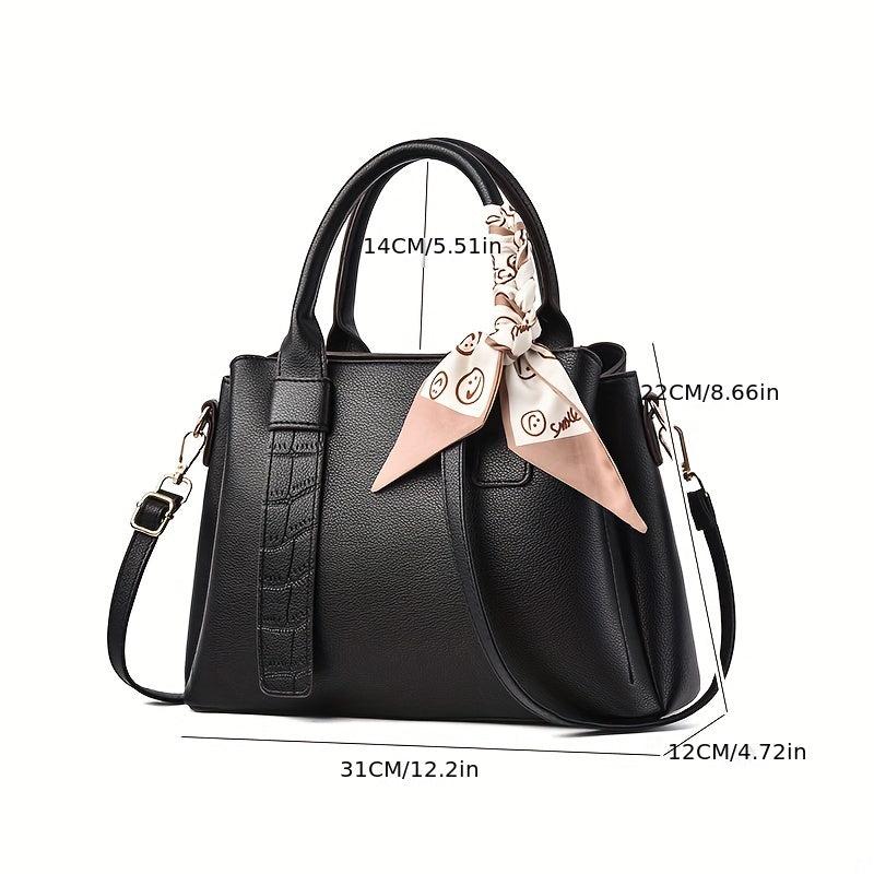 Classic Tote Satchel Bag Lightweight Shoulder Bag Tote Bag With Scarf Decor