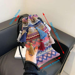 Geometric Embroidered Fish Shaped Crossbody Bag Tassel Purse