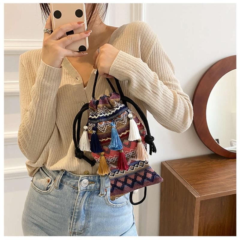 Geometric Embroidered Fish Shaped Crossbody Bag Tassel Purse