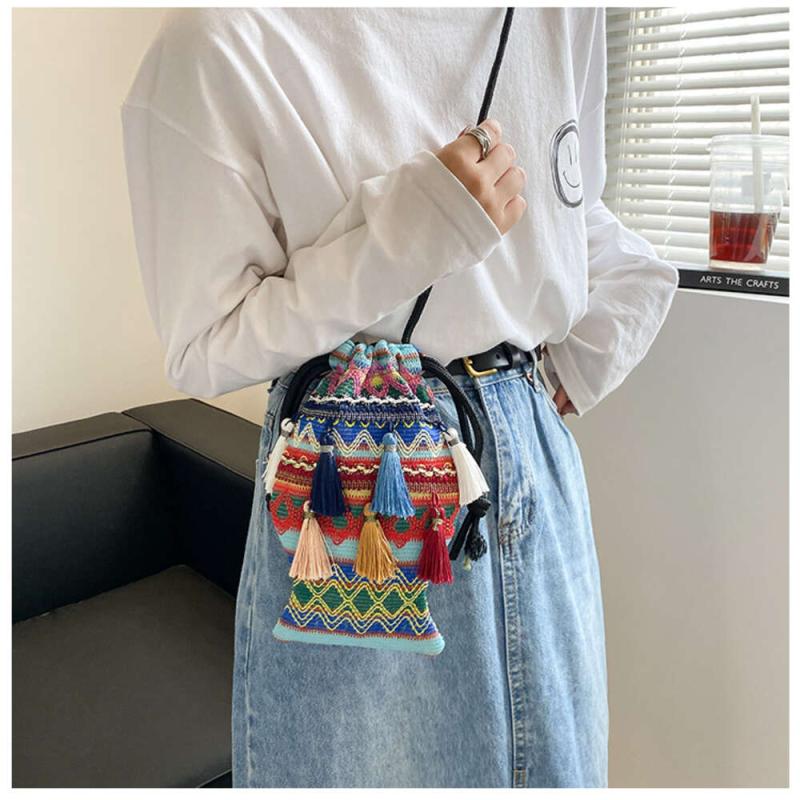 Geometric Embroidered Fish Shaped Crossbody Bag Tassel Purse