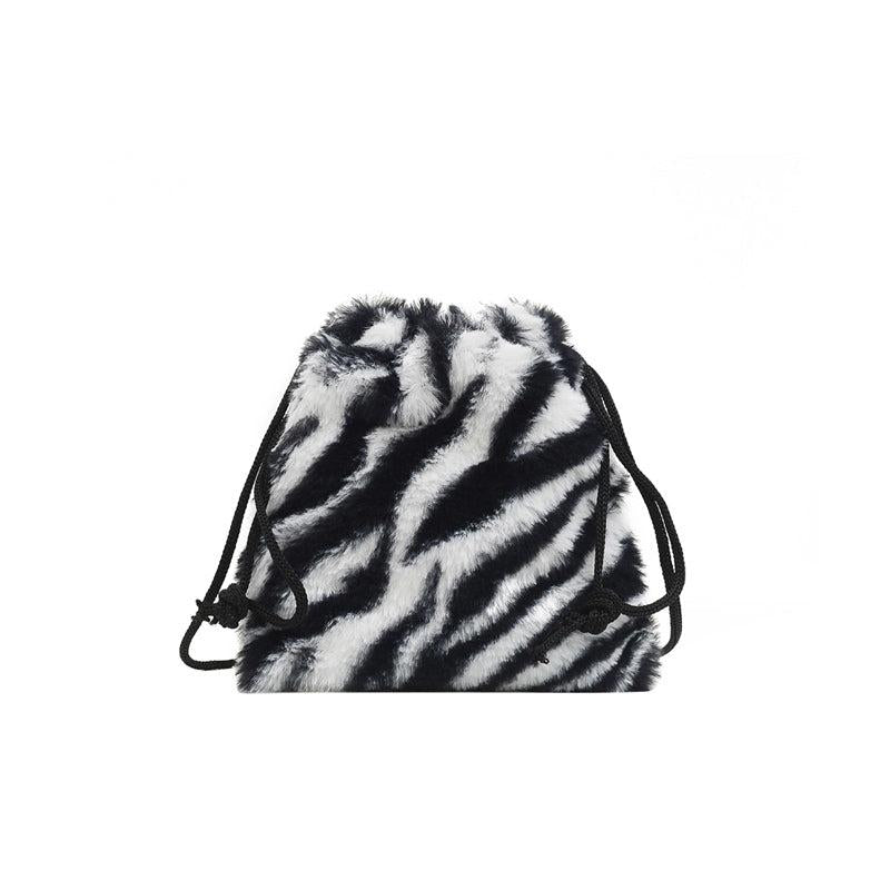 Cow Pattern Fluffy Bucket Bag Drawstring Small Crossbody Coin Purse
