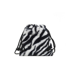 Cow Pattern Fluffy Bucket Bag Drawstring Small Crossbody Coin Purse