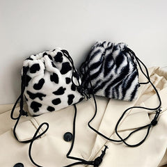 Cow Pattern Fluffy Bucket Bag Drawstring Small Crossbody Coin Purse