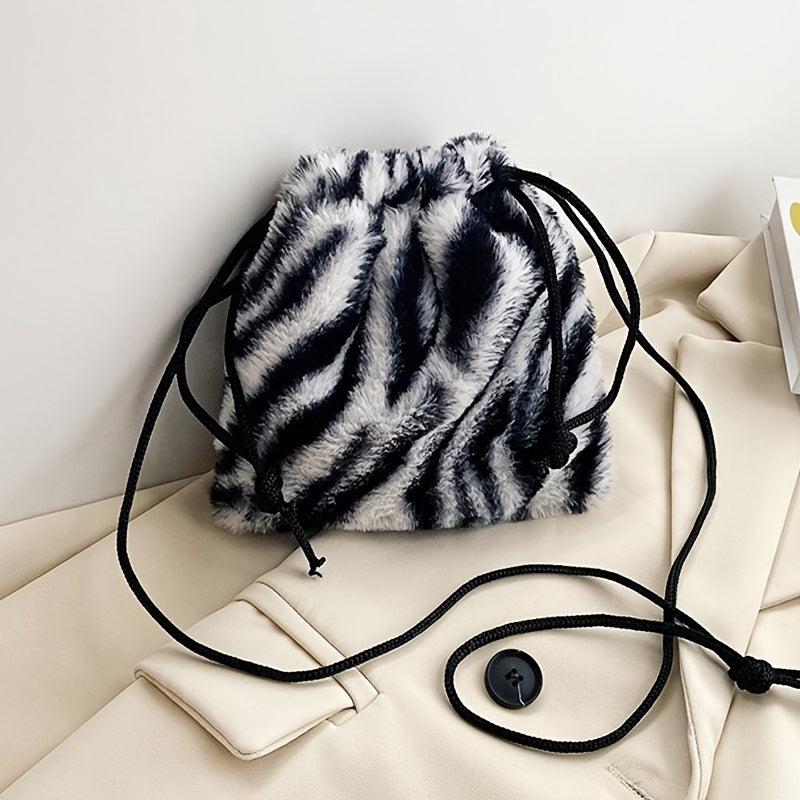 Cow Pattern Fluffy Bucket Bag Drawstring Small Crossbody Coin Purse