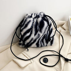 Cow Pattern Fluffy Bucket Bag Drawstring Small Crossbody Coin Purse